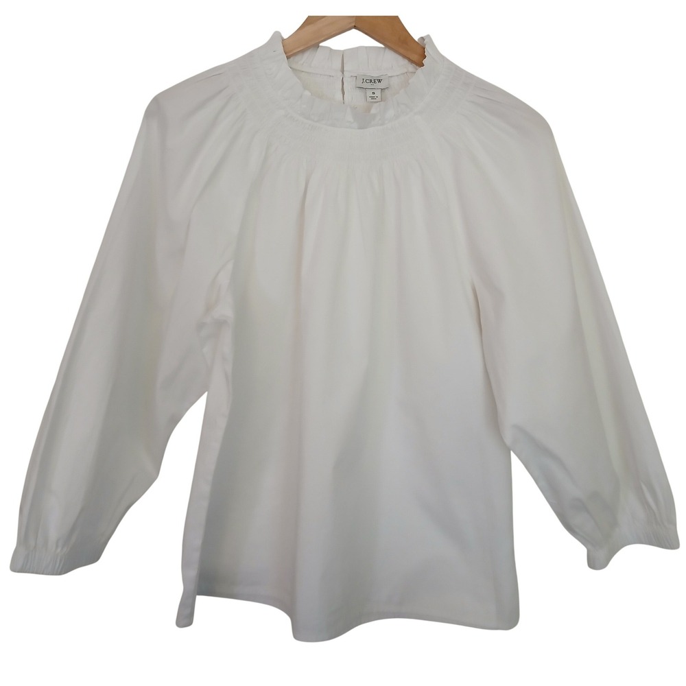 J.Crew Womens‎ Smocked High Neck Ruffle Blouse White Cotton Puff Sleeve Small
